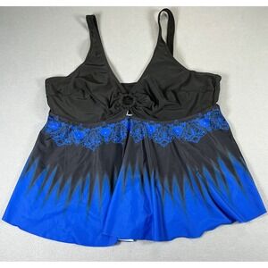 Womens Plus Size 4XL Tankini Swim Top Black Blue Ombre Floral O-Ring Adjustable